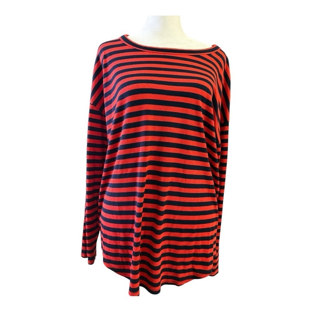 Lou & Grey Red and Navy Striped Knit Top Long Sleeve Large Loungewear